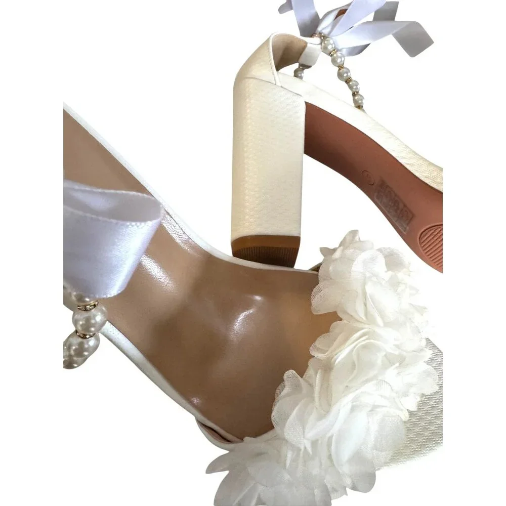 Bride Wedding‎ Block Heel Sandals With Pearl & Ribbon Details Size EU 41 NWB